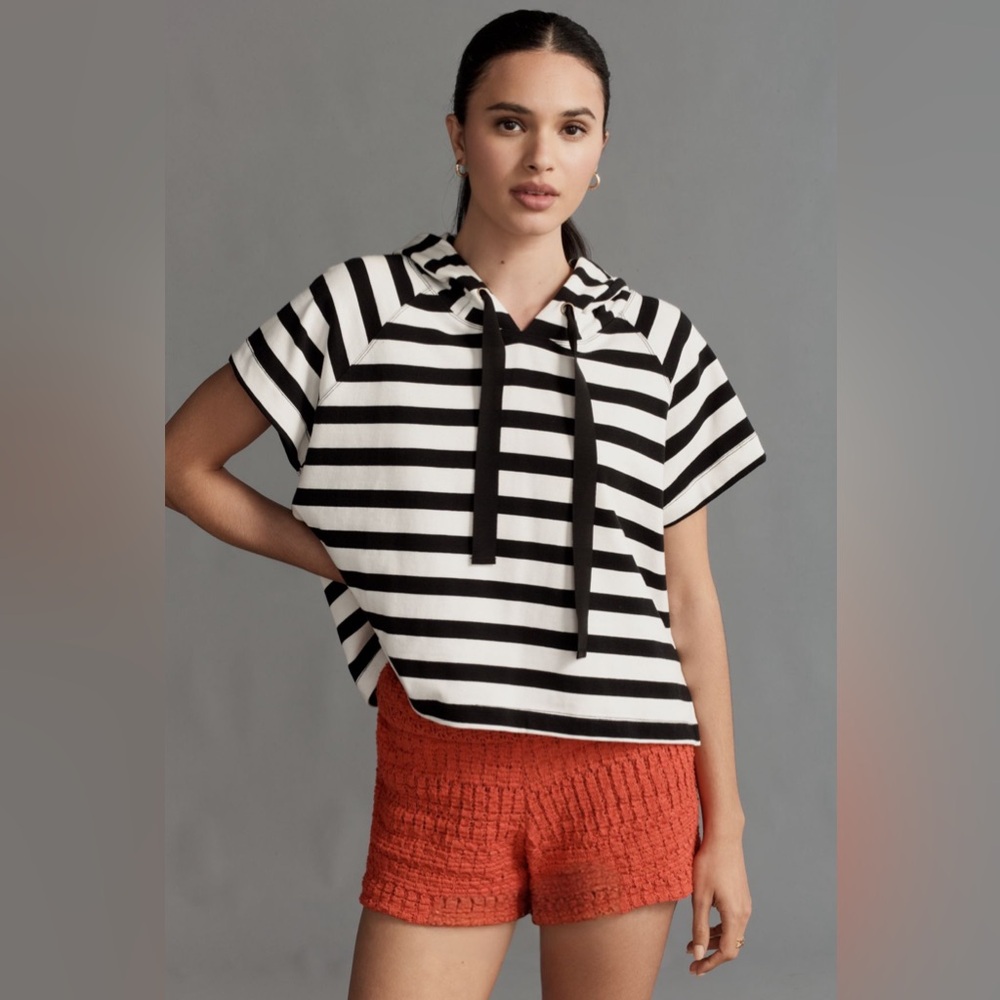 Maeve Boxy Striped Short-Sleeve Hoodie